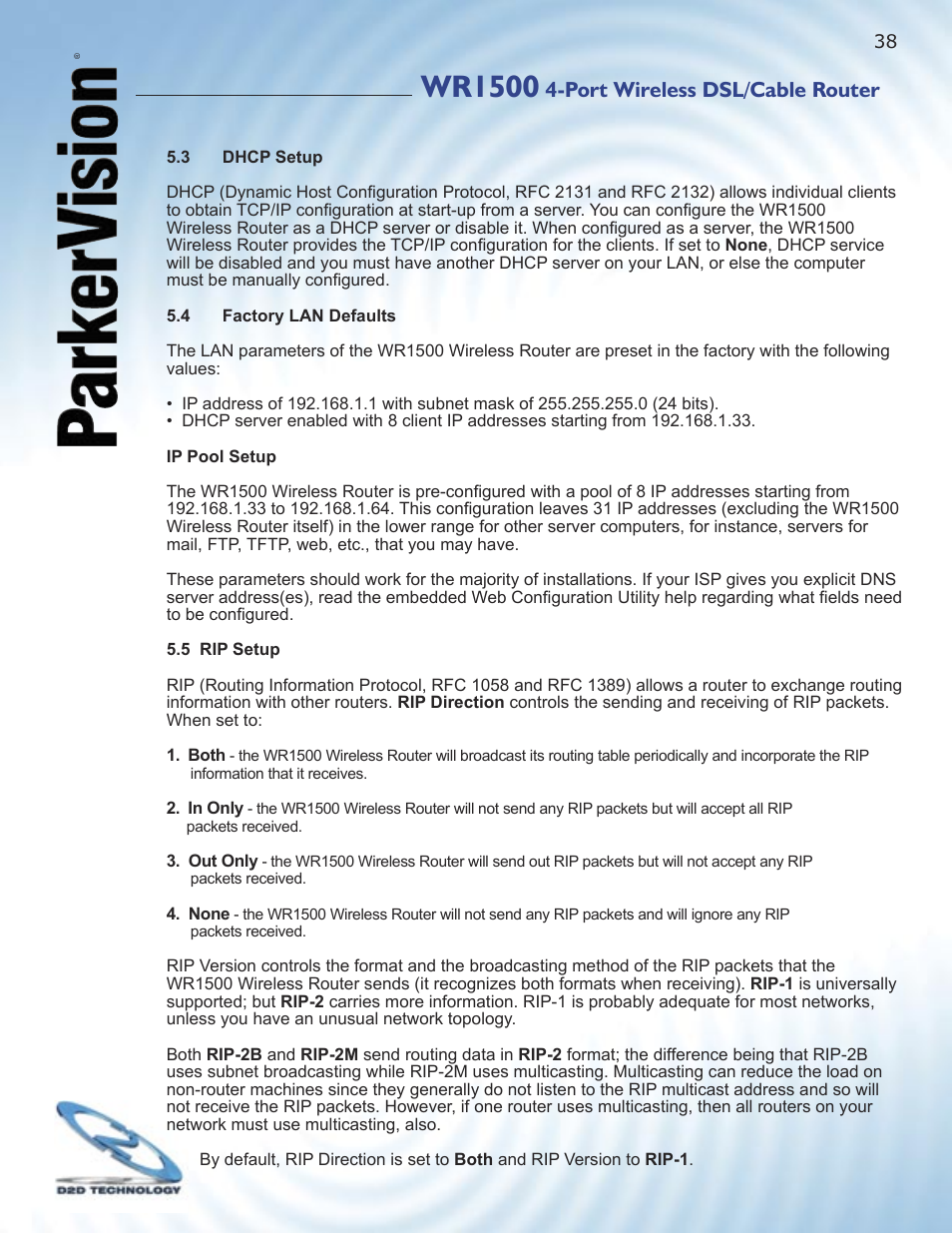 Wr1500, Port wireless dsl/cable router | ParkerVision WR1500 User Manual | Page 36 / 177