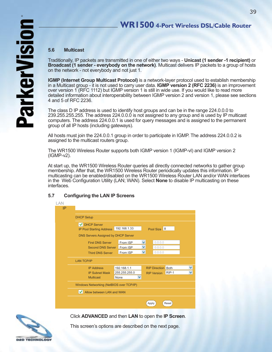 Wr1500, Port wireless dsl/cable router | ParkerVision WR1500 User Manual | Page 37 / 177