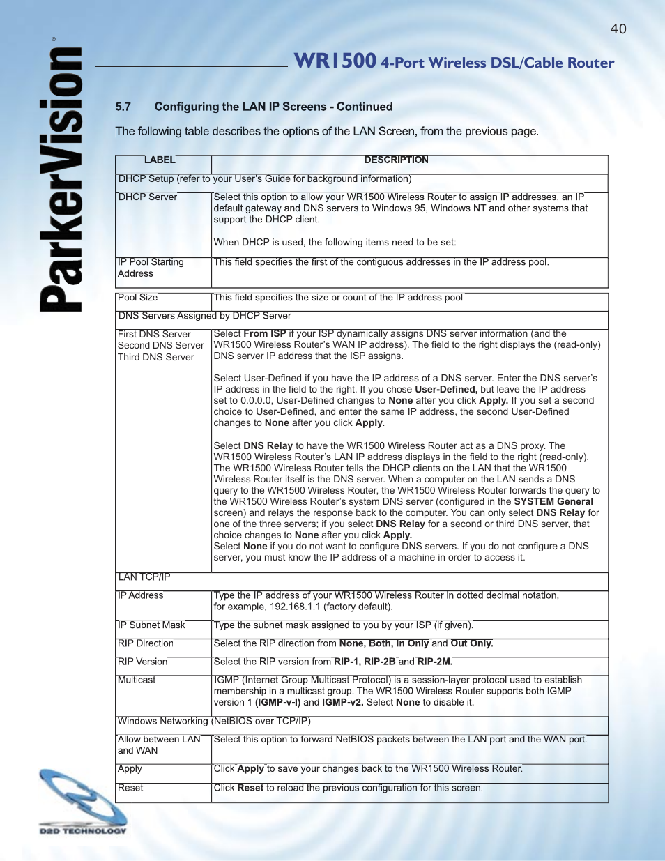 Wr1500, Port wireless dsl/cable router | ParkerVision WR1500 User Manual | Page 38 / 177