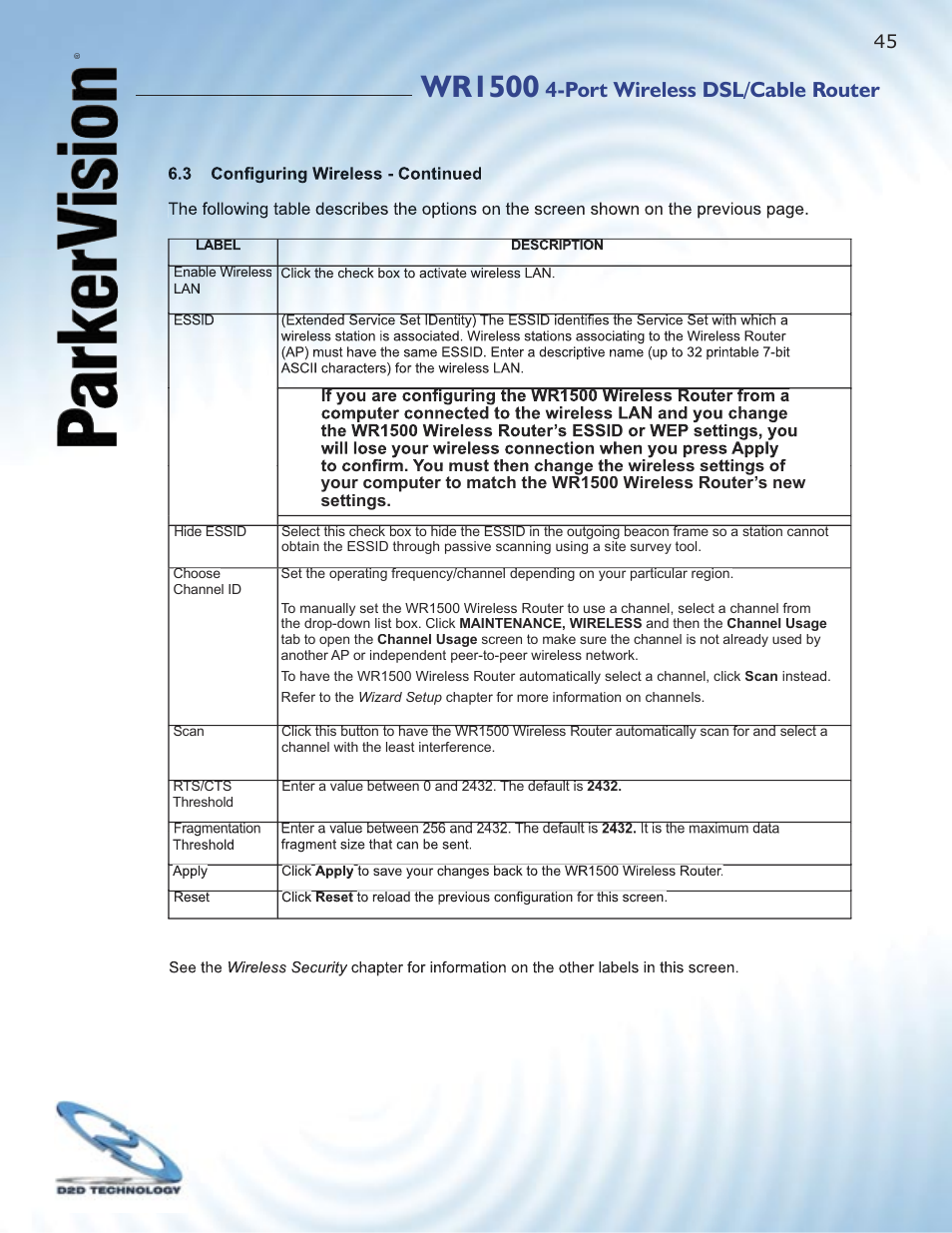 Wr1500, Port wireless dsl/cable router | ParkerVision WR1500 User Manual | Page 43 / 177