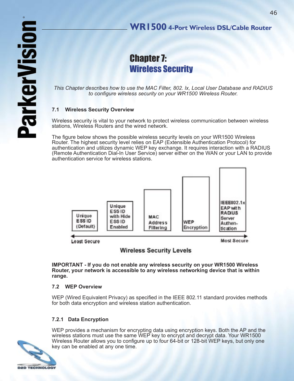 Wr1500, Chapter 7, Wireless security | ParkerVision WR1500 User Manual | Page 44 / 177