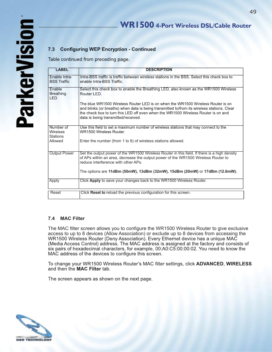 Wr1500, Port wireless dsl/cable router | ParkerVision WR1500 User Manual | Page 47 / 177