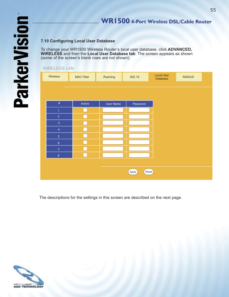 Wr1500, Port wireless dsl/cable router | ParkerVision WR1500 User Manual | Page 53 / 177