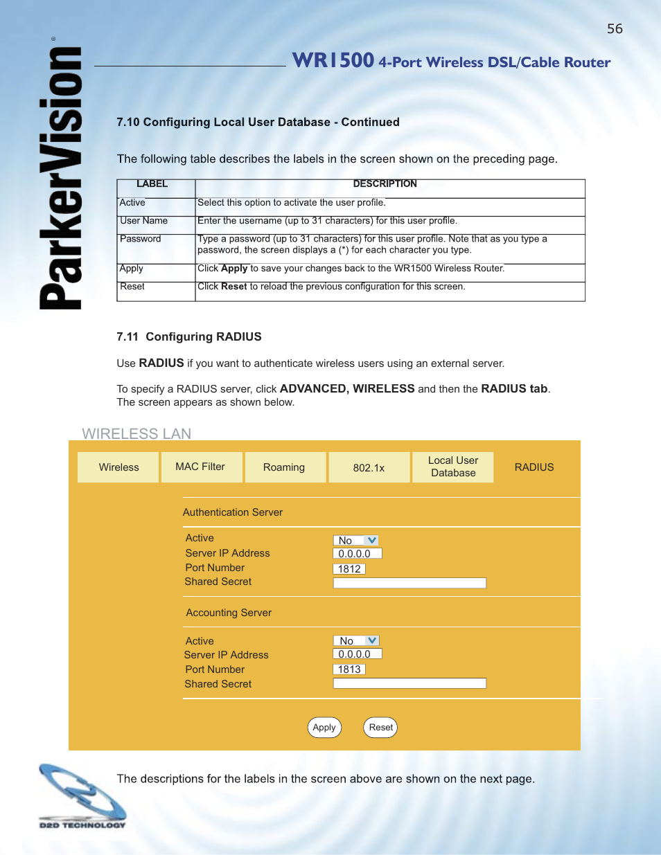 Wr1500, Port wireless dsl/cable router, Wireless lan | ParkerVision WR1500 User Manual | Page 54 / 177