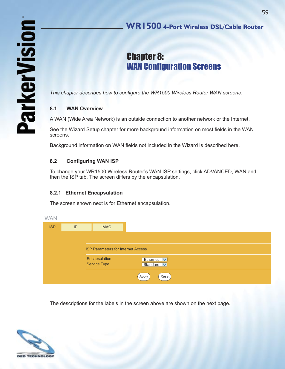 Wr1500, Chapter 8, Wan conﬁ guration screens | Port wireless dsl/cable router | ParkerVision WR1500 User Manual | Page 57 / 177