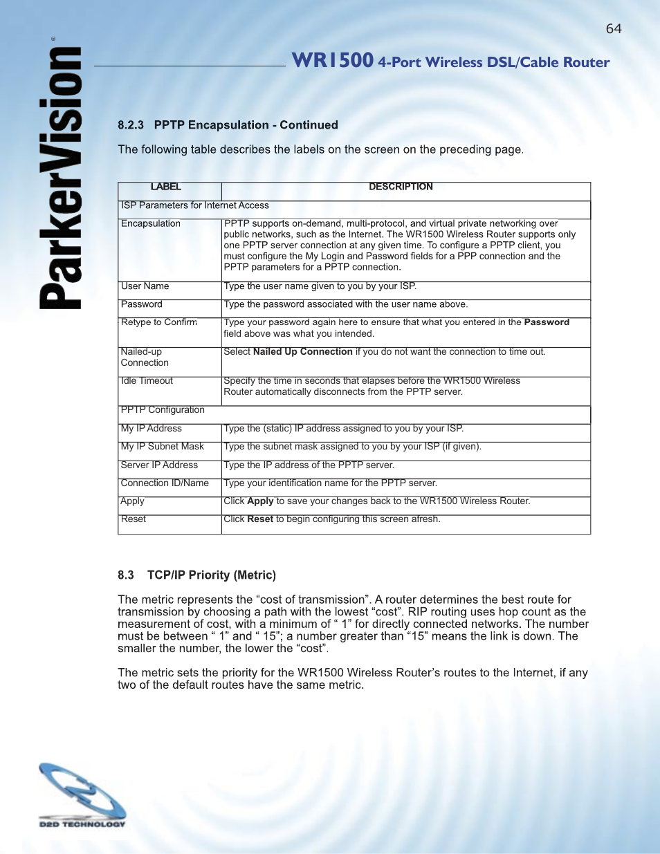 Wr1500, Port wireless dsl/cable router | ParkerVision WR1500 User Manual | Page 62 / 177