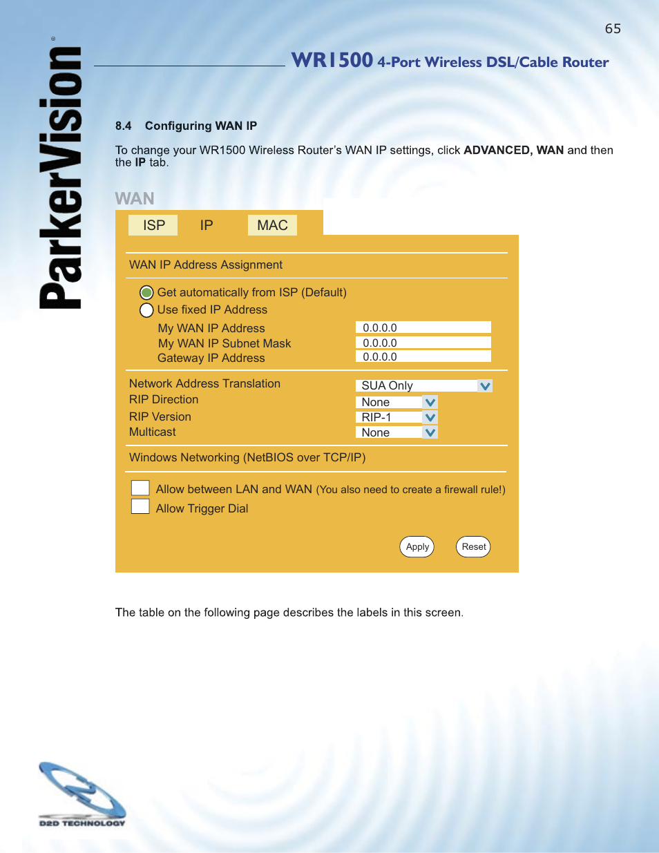 Wr1500, Port wireless dsl/cable router | ParkerVision WR1500 User Manual | Page 63 / 177