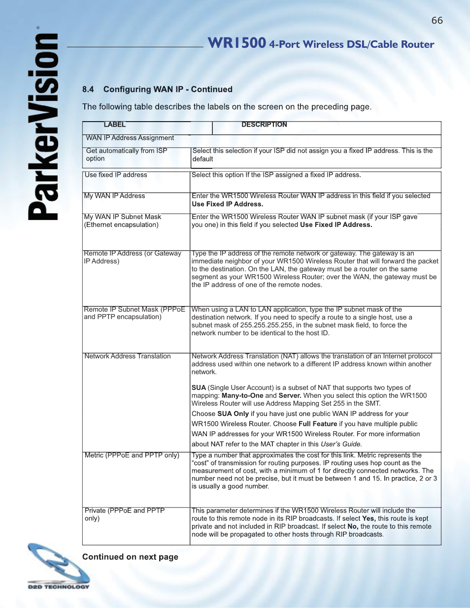 Wr1500, Port wireless dsl/cable router | ParkerVision WR1500 User Manual | Page 64 / 177
