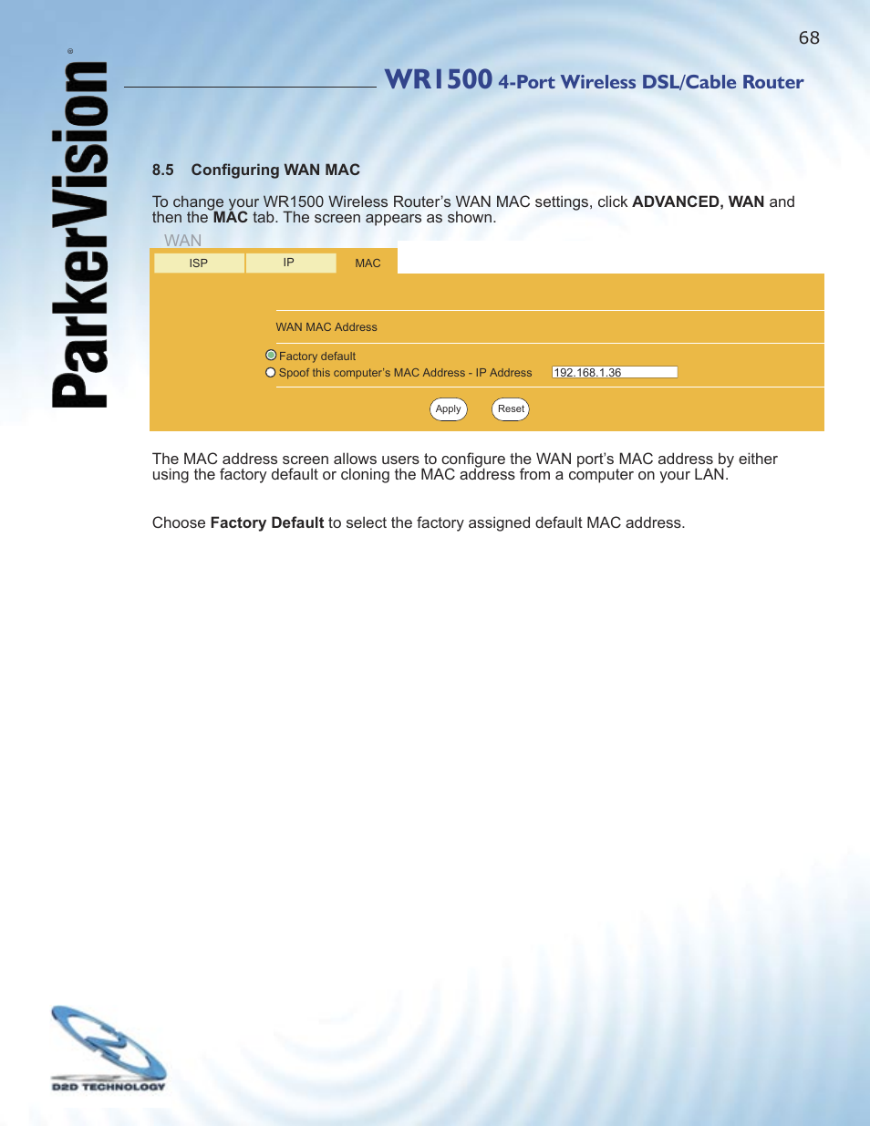 Wr1500, Port wireless dsl/cable router | ParkerVision WR1500 User Manual | Page 66 / 177