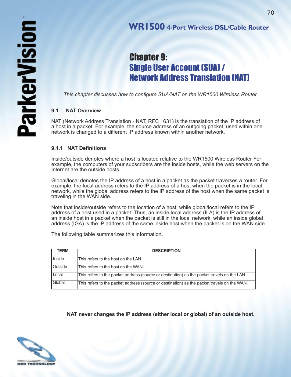 Wr1500, Chapter 9, Port wireless dsl/cable router | ParkerVision WR1500 User Manual | Page 68 / 177