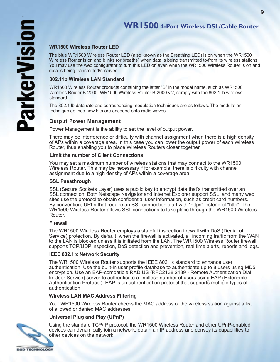 Wr1500, Port wireless dsl/cable router | ParkerVision WR1500 User Manual | Page 7 / 177