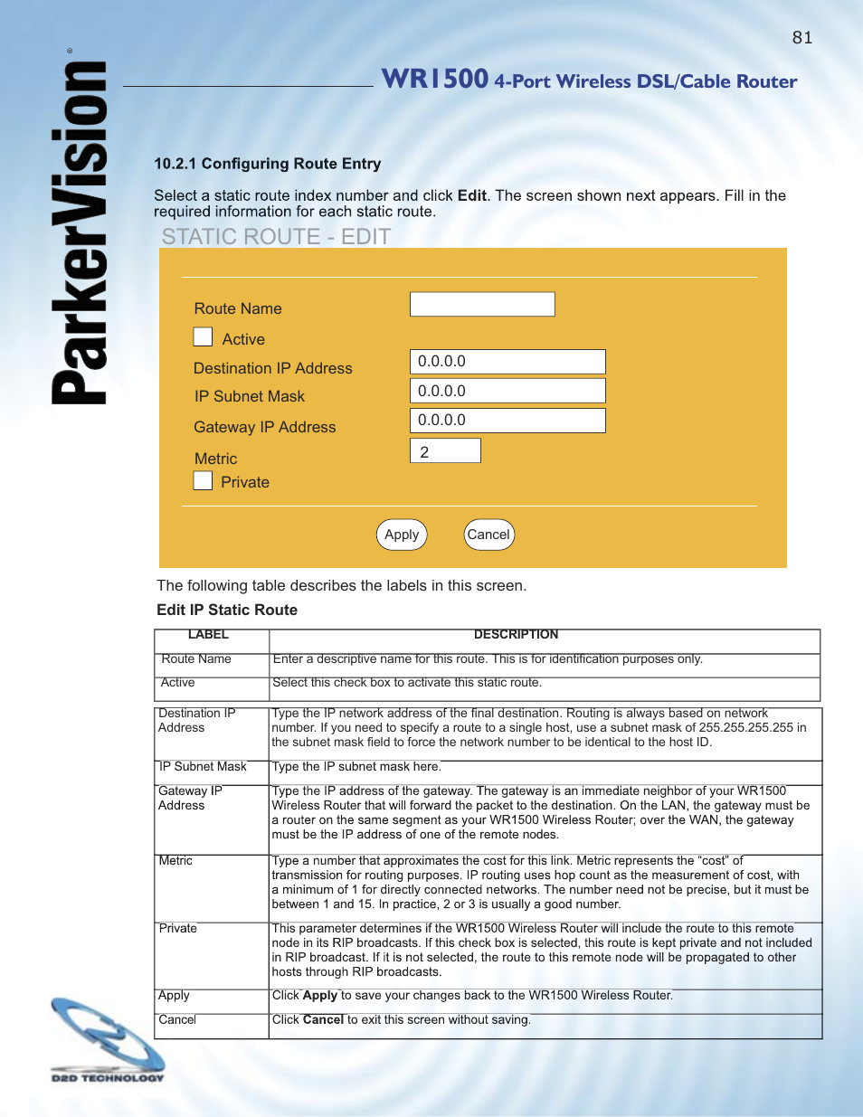 Wr1500, Static route - edit, Port wireless dsl/cable router | ParkerVision WR1500 User Manual | Page 79 / 177