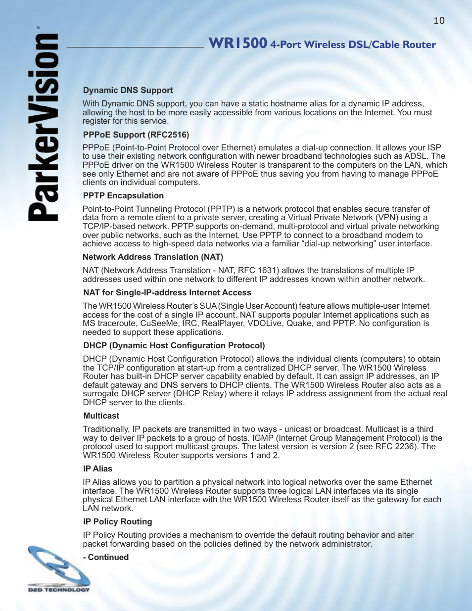 Wr1500, Port wireless dsl/cable router | ParkerVision WR1500 User Manual | Page 8 / 177