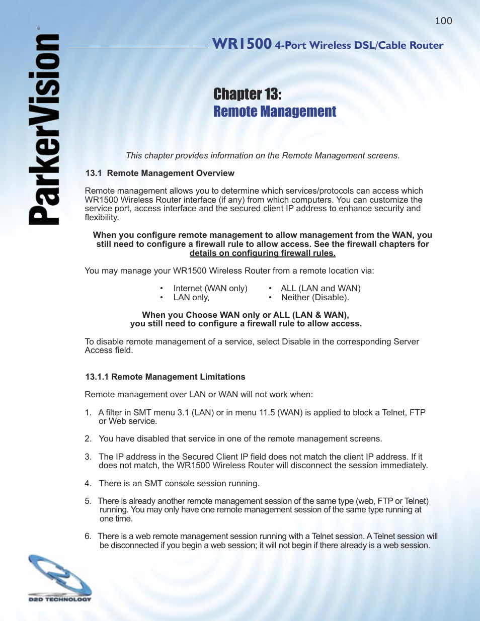 Wr1500, Chapter 13, Remote management | ParkerVision WR1500 User Manual | Page 98 / 177