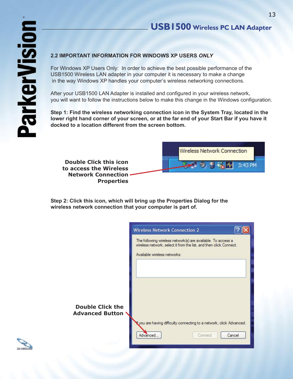 Usb1500, Wireless pc lan adapter | ParkerVision USB1500 User Manual | Page 11 / 34