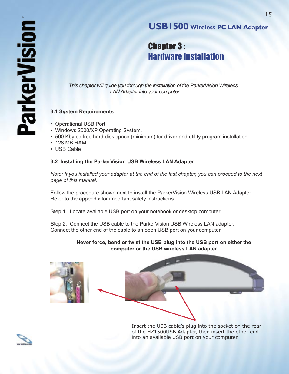 Usb1500, Chapter 3 : hardware installation | ParkerVision USB1500 User Manual | Page 13 / 34