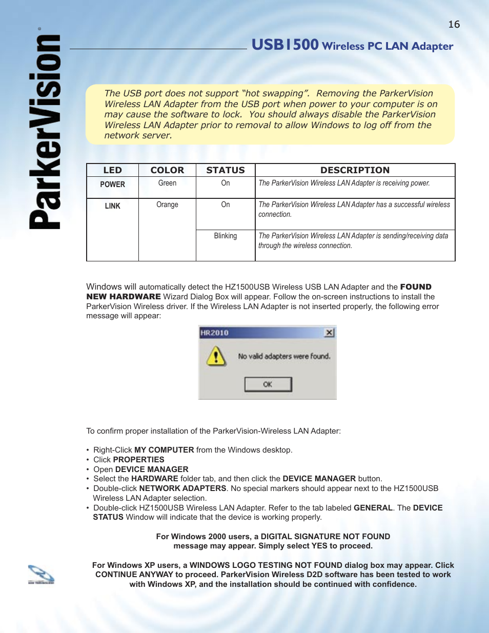 Usb1500, Wireless pc lan adapter | ParkerVision USB1500 User Manual | Page 14 / 34