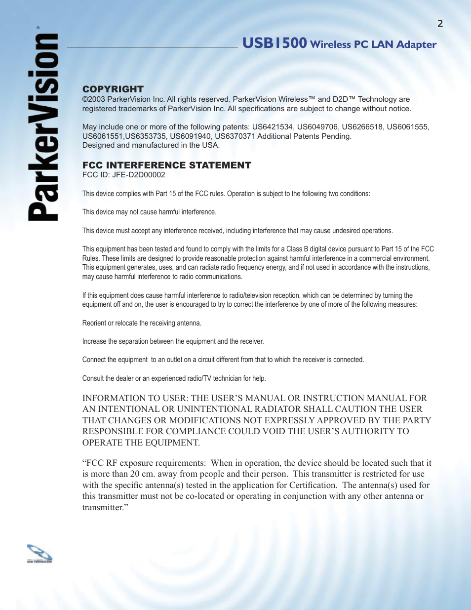 Usb1500, Wireless pc lan adapter | ParkerVision USB1500 User Manual | Page 2 / 34