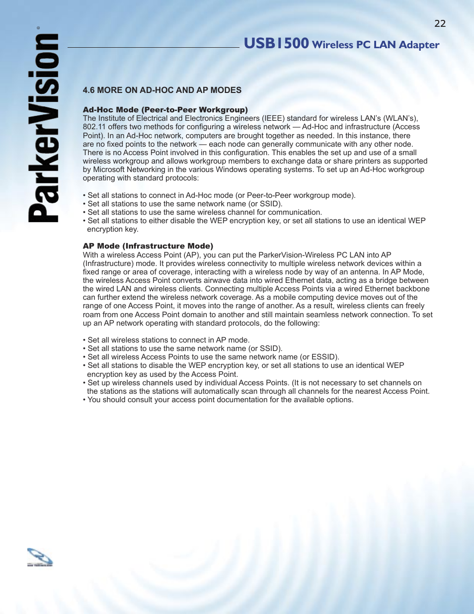 Usb1500, Wireless pc lan adapter | ParkerVision USB1500 User Manual | Page 20 / 34