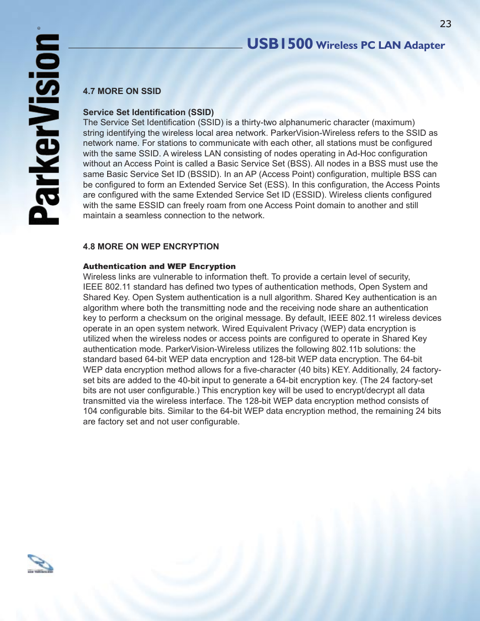 Usb1500, Wireless pc lan adapter | ParkerVision USB1500 User Manual | Page 21 / 34