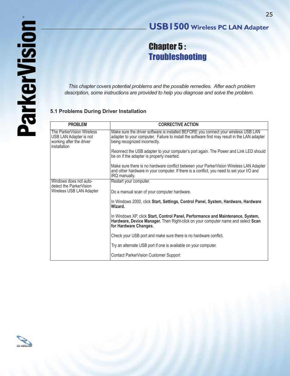 Usb1500, Chapter 5 : troubleshooting, Wireless pc lan adapter | ParkerVision USB1500 User Manual | Page 23 / 34