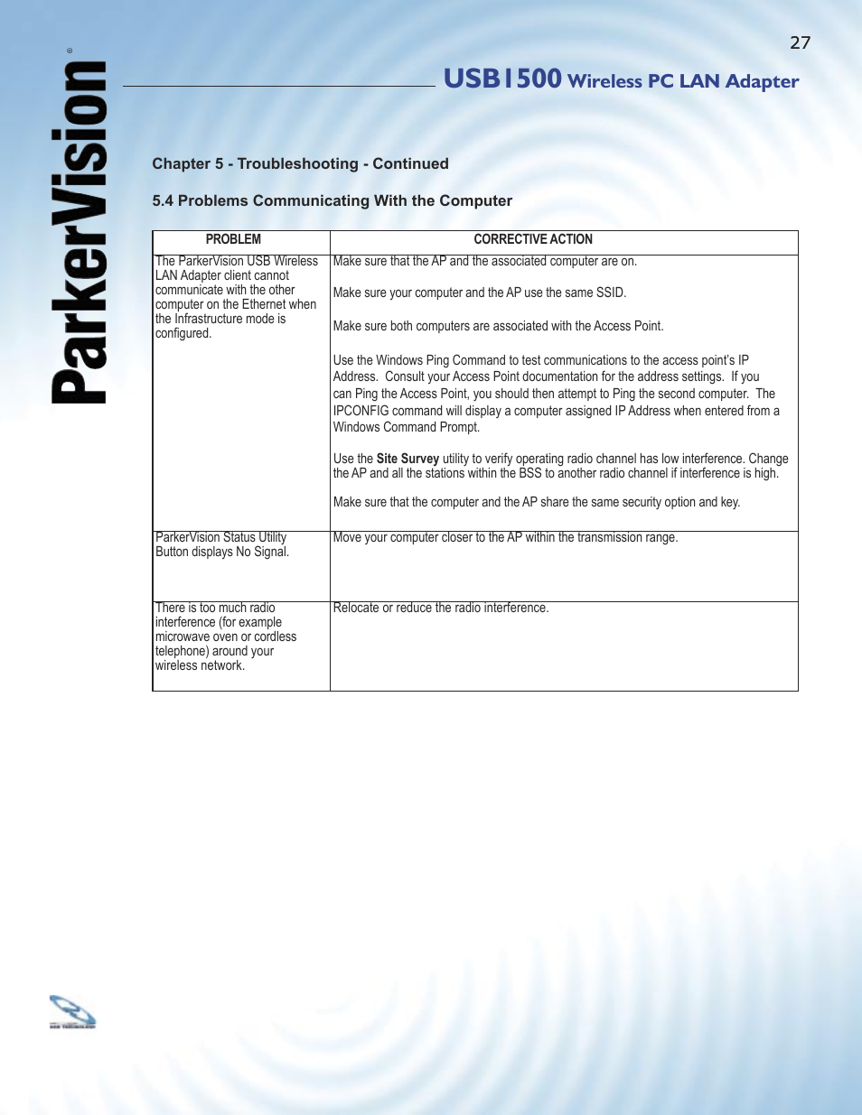 Usb1500, Wireless pc lan adapter | ParkerVision USB1500 User Manual | Page 25 / 34