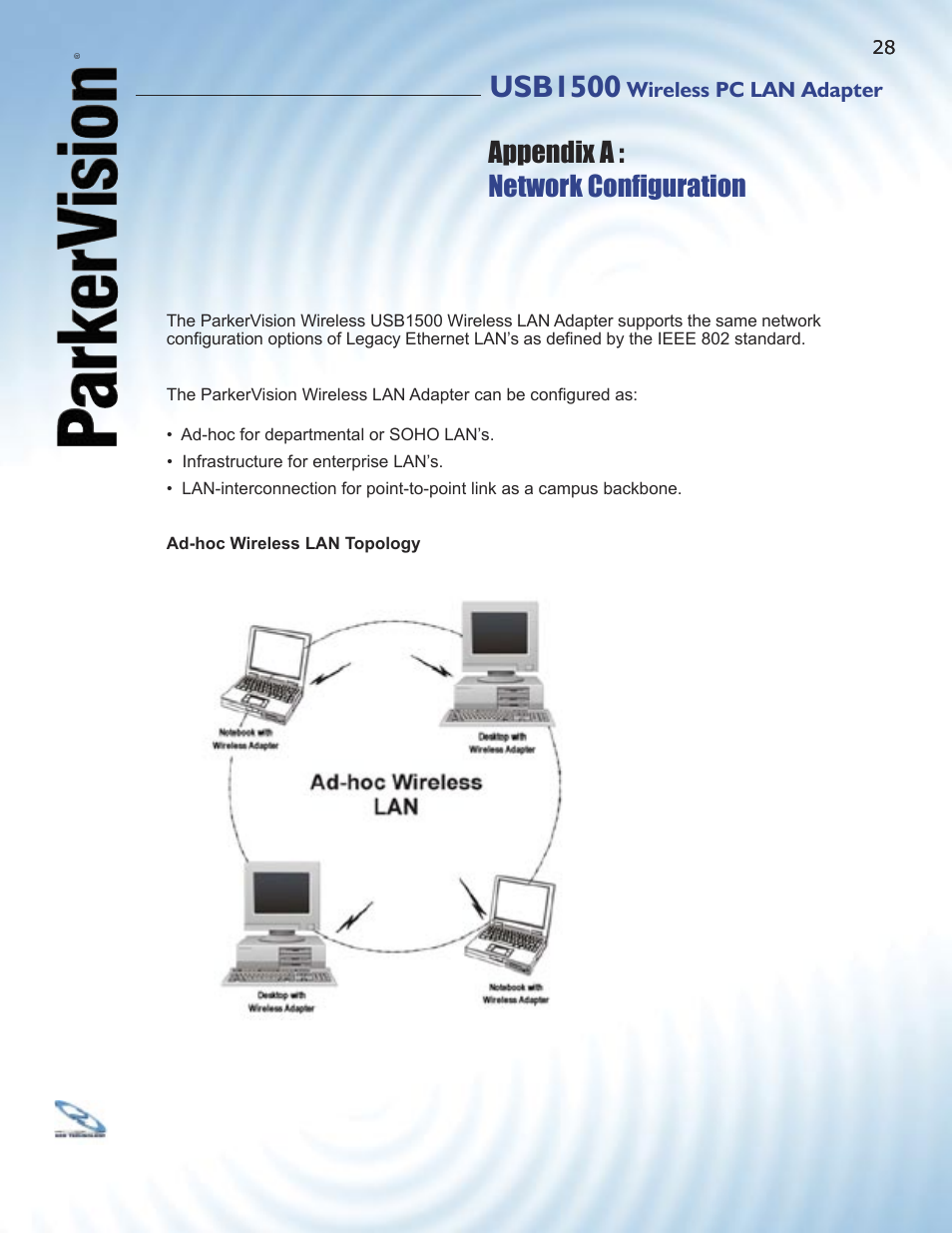 Usb1500, Appendix a : network conﬁ guration | ParkerVision USB1500 User Manual | Page 26 / 34