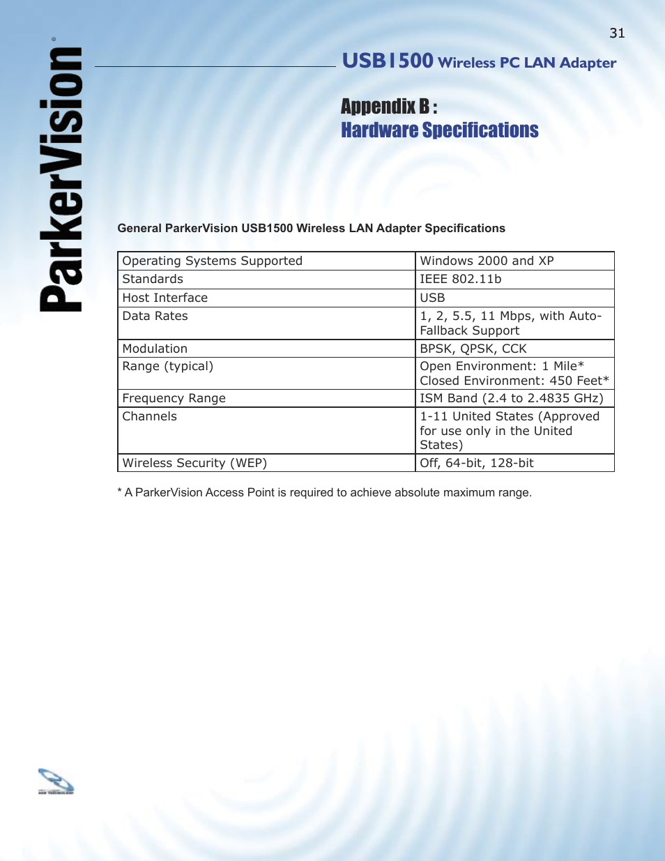 Usb1500, Appendix b : hardware speciﬁ cations | ParkerVision USB1500 User Manual | Page 29 / 34