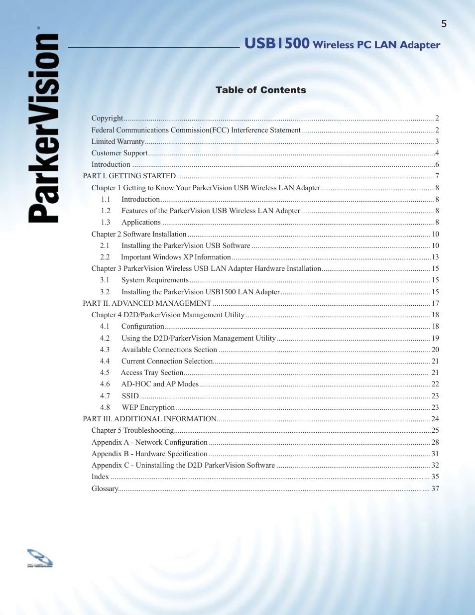 Usb1500, Wireless pc lan adapter | ParkerVision USB1500 User Manual | Page 3 / 34