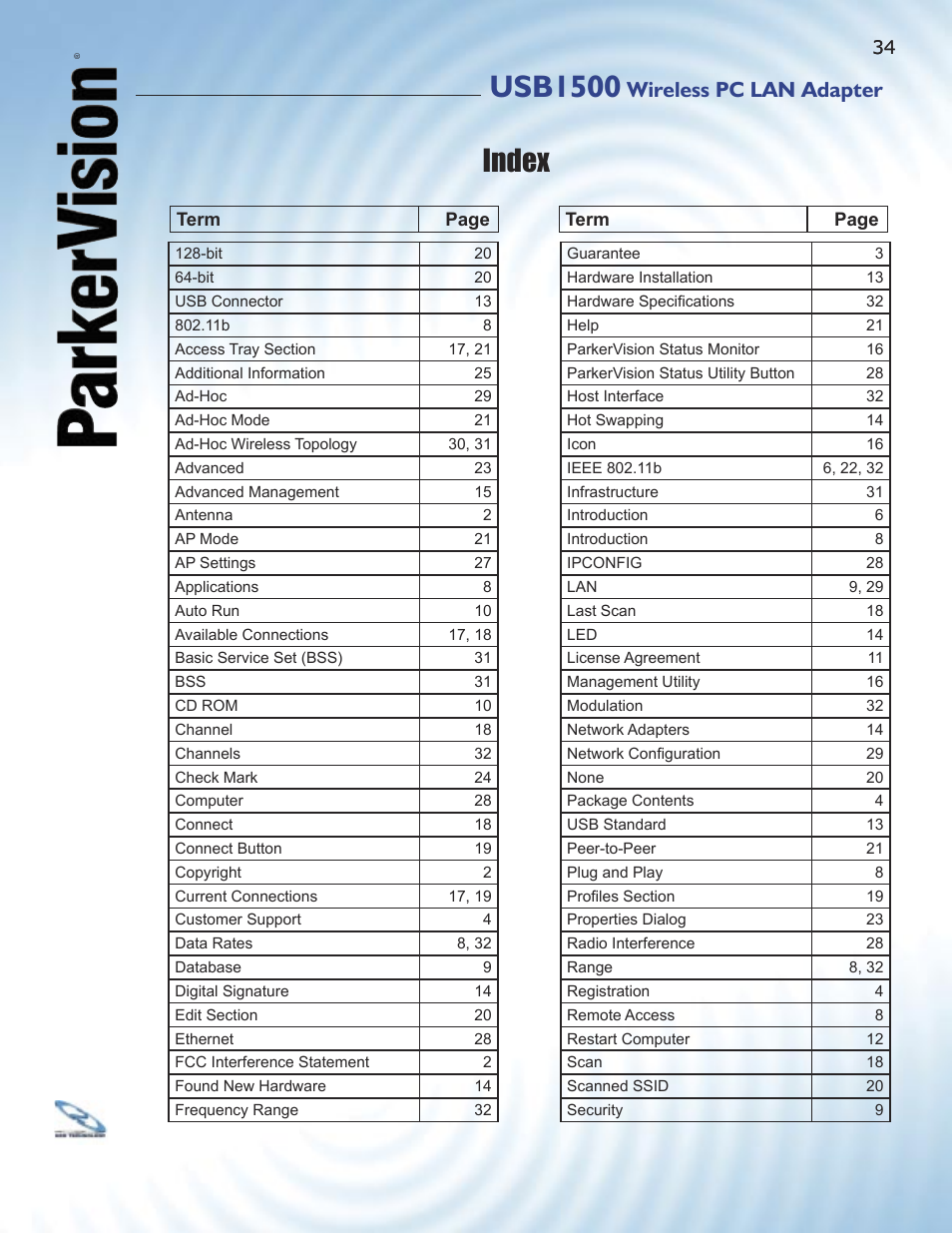 Usb1500, Index, Wireless pc lan adapter | ParkerVision USB1500 User Manual | Page 32 / 34