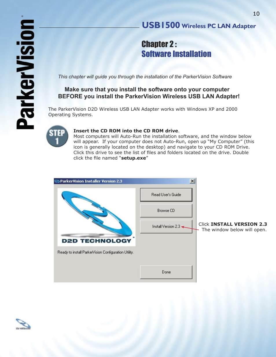 Usb1500, Chapter 2 : software installation | ParkerVision USB1500 User Manual | Page 8 / 34