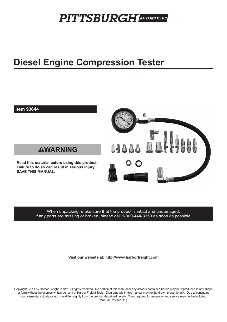 PPG Pittsburgh Paints Pittsburgh Diesel Engine Compression Tester 93644 User Manual | 8 pages