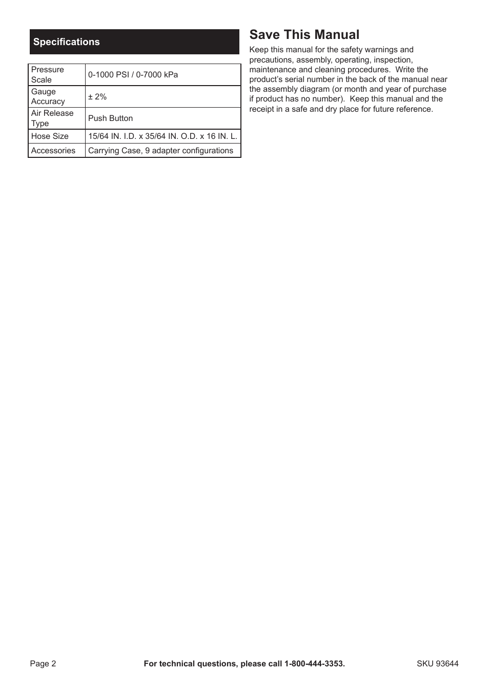 Save this manual | PPG Pittsburgh Paints Pittsburgh Diesel Engine Compression Tester 93644 User Manual | Page 2 / 8
