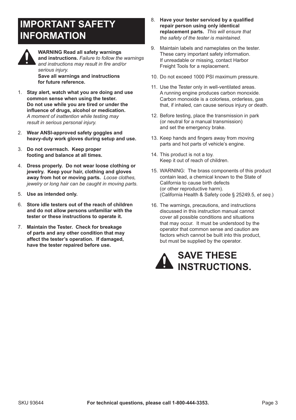 Important safety information, Save these instructions | PPG Pittsburgh Paints Pittsburgh Diesel Engine Compression Tester 93644 User Manual | Page 3 / 8