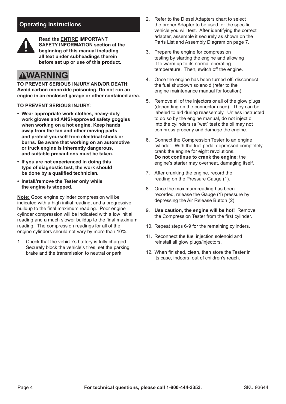 PPG Pittsburgh Paints Pittsburgh Diesel Engine Compression Tester 93644 User Manual | Page 4 / 8