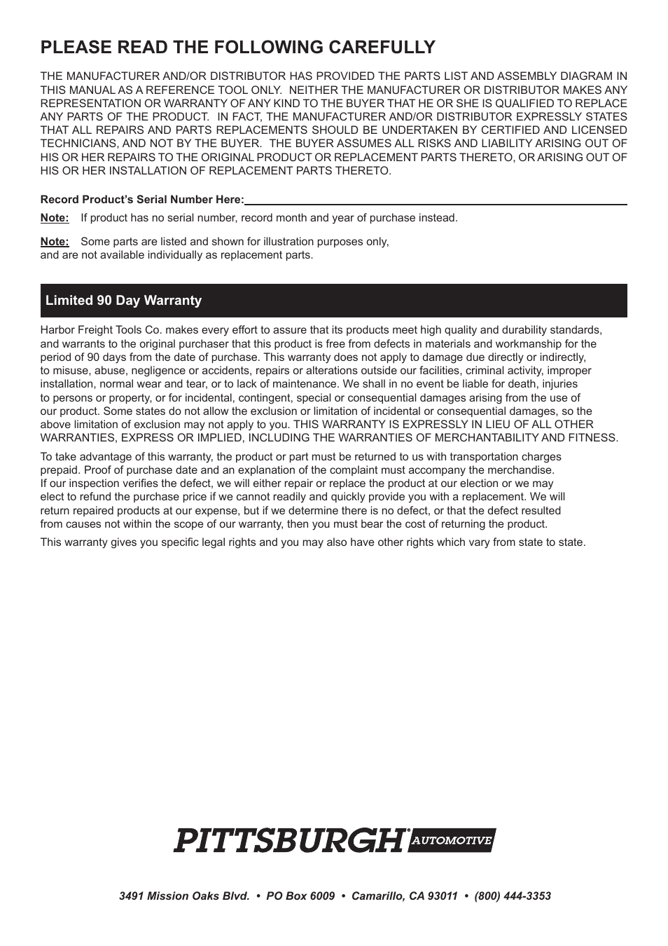 Please read the following carefully | PPG Pittsburgh Paints Pittsburgh Diesel Engine Compression Tester 93644 User Manual | Page 8 / 8