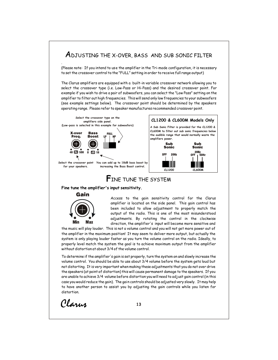 Вк 14, Djusting the x-over, bass and sub sonic filter, Ine tune the system | Profile Clarus CL440 User Manual | Page 14 / 20