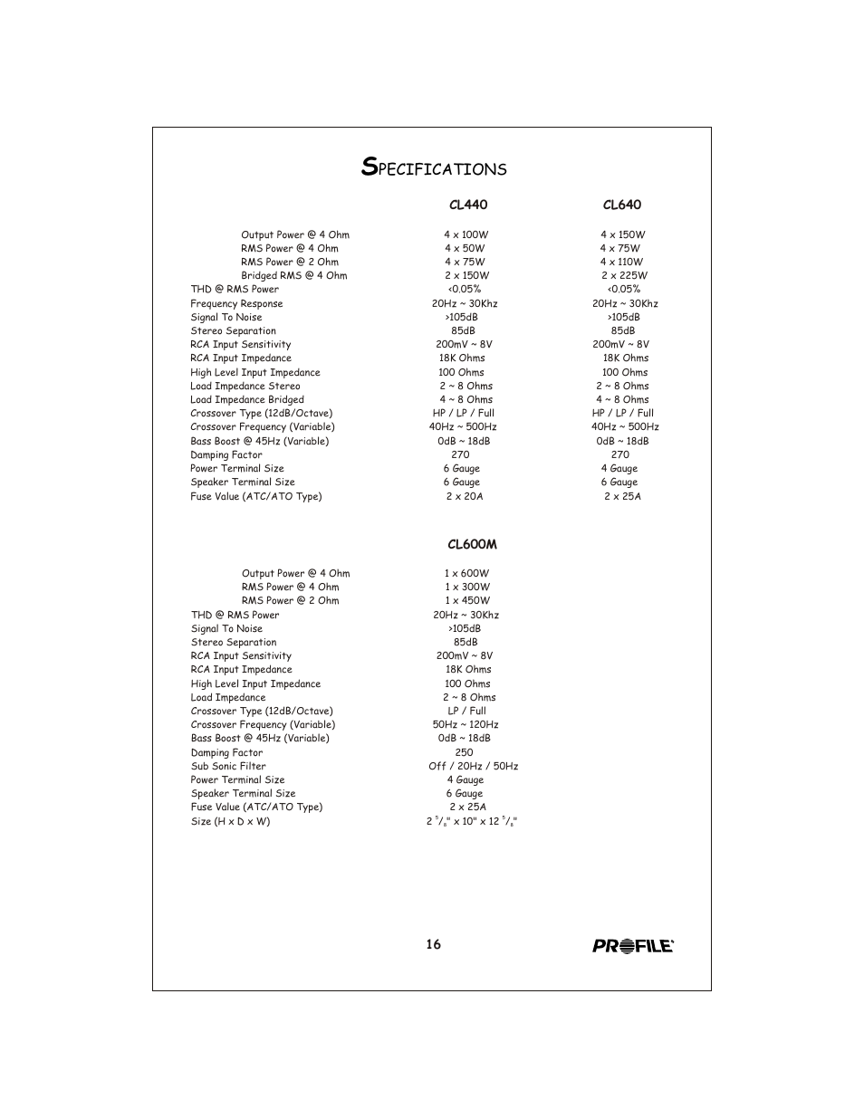 Вк 17, Pecifications, Cl600m | Profile Clarus CL440 User Manual | Page 17 / 20