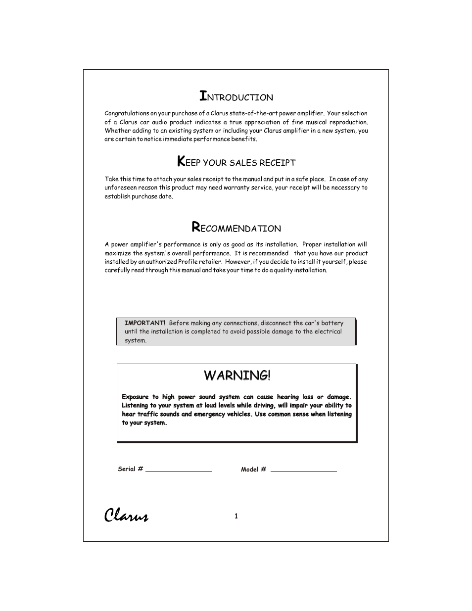 Вк 2, Warning | Profile Clarus CL440 User Manual | Page 2 / 20