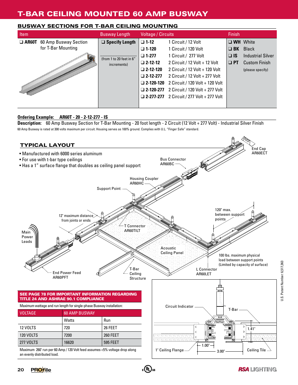 T-bar ceiling mounted 60 amp busway | Profile SERIES 60 AMP BUSWAY User Manual | Page 17 / 26