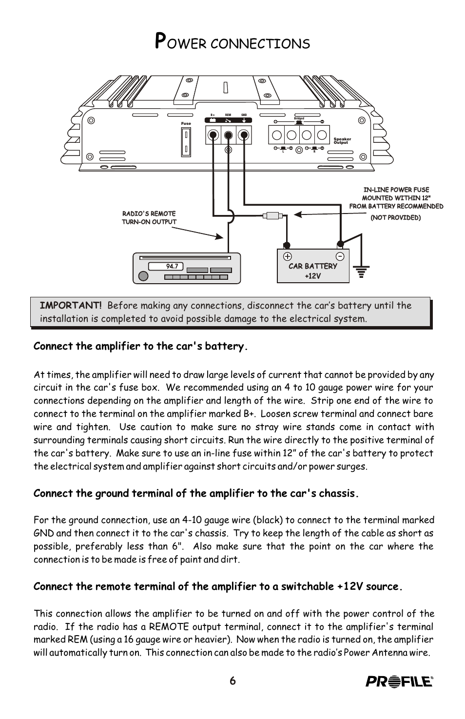 Ower connections, Connect the amplifier to the car's battery | Profile CA600 User Manual | Page 7 / 20