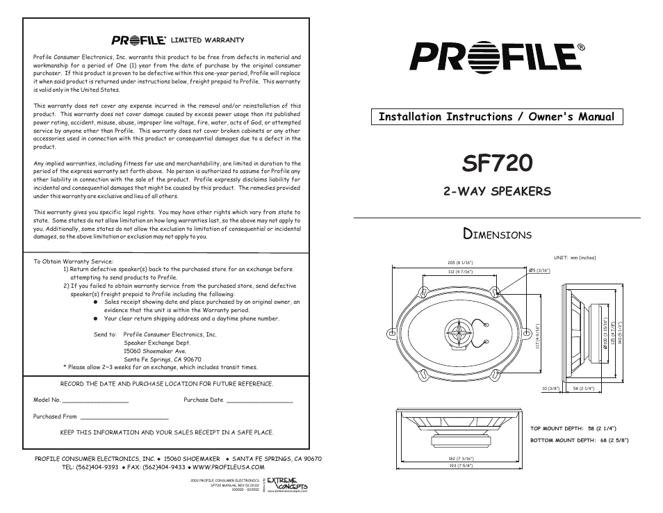 Profile SF720 User Manual | 2 pages