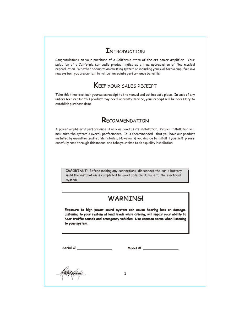 Вк 2, Warning | Profile California 400SX User Manual | Page 2 / 19