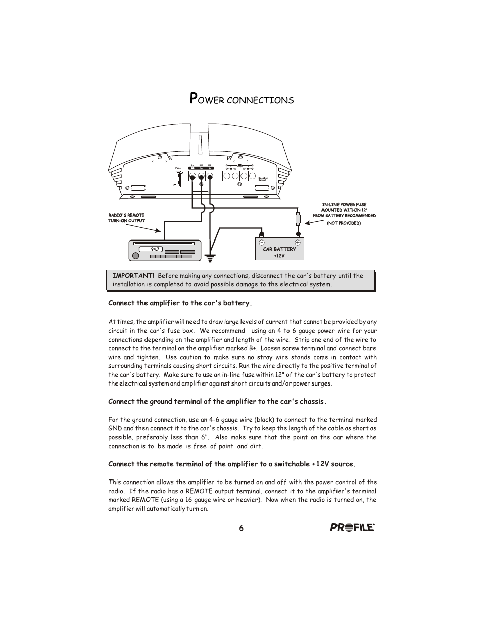 Вк 7, Ower connections, Connect the amplifier to the car's battery | Profile California 400SX User Manual | Page 7 / 19