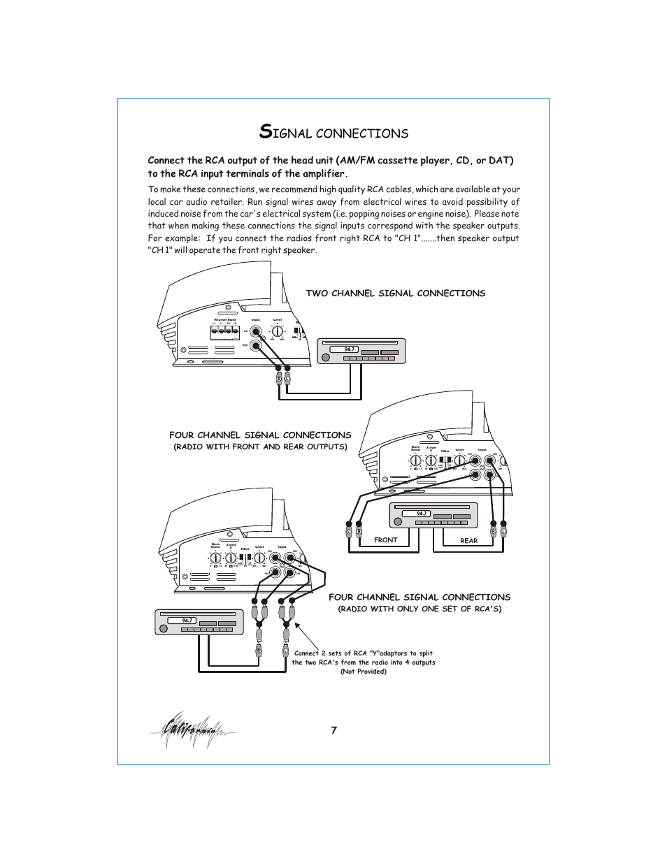 Вк 8, Ignal connections, Four channel signal connections | Radio with only one set of rca's), Radio with front and rear outputs), Front rear | Profile California 400SX User Manual | Page 8 / 19