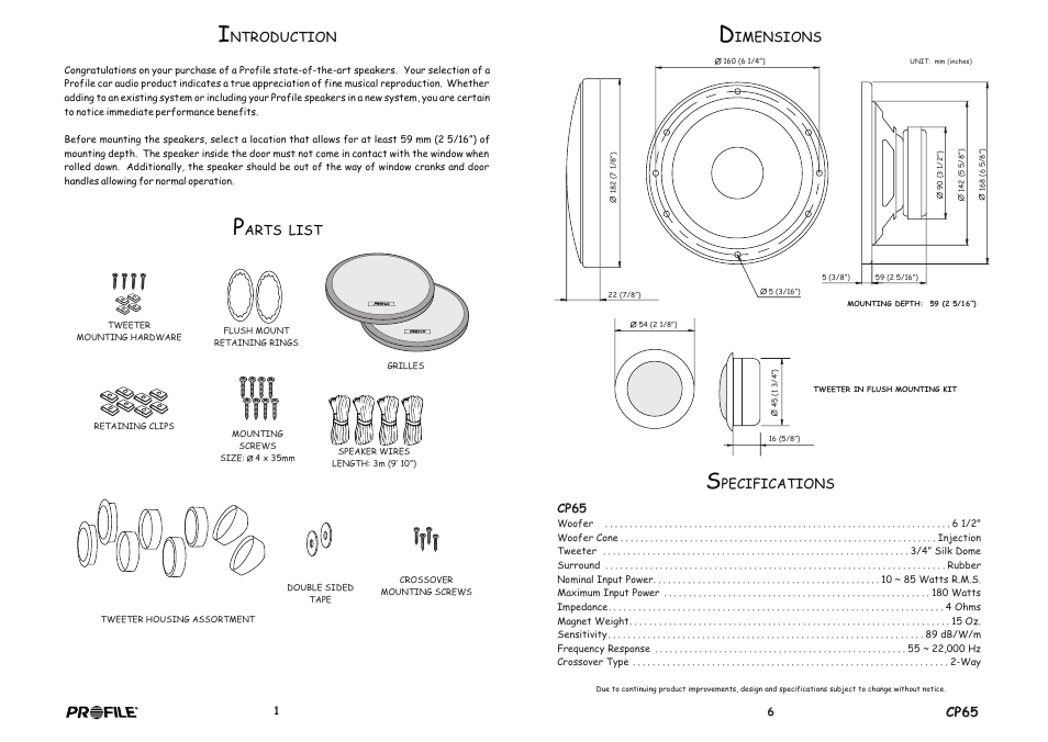 Imensions, Pecifications, Ntroduction | Arts, List | Profile Clarus CP65 User Manual | Page 2 / 4
