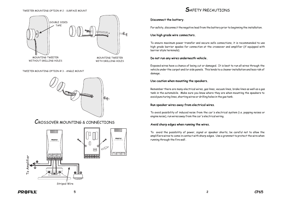 Afety precautions, Rossover mounting & connections | Profile Clarus CP65 User Manual | Page 3 / 4