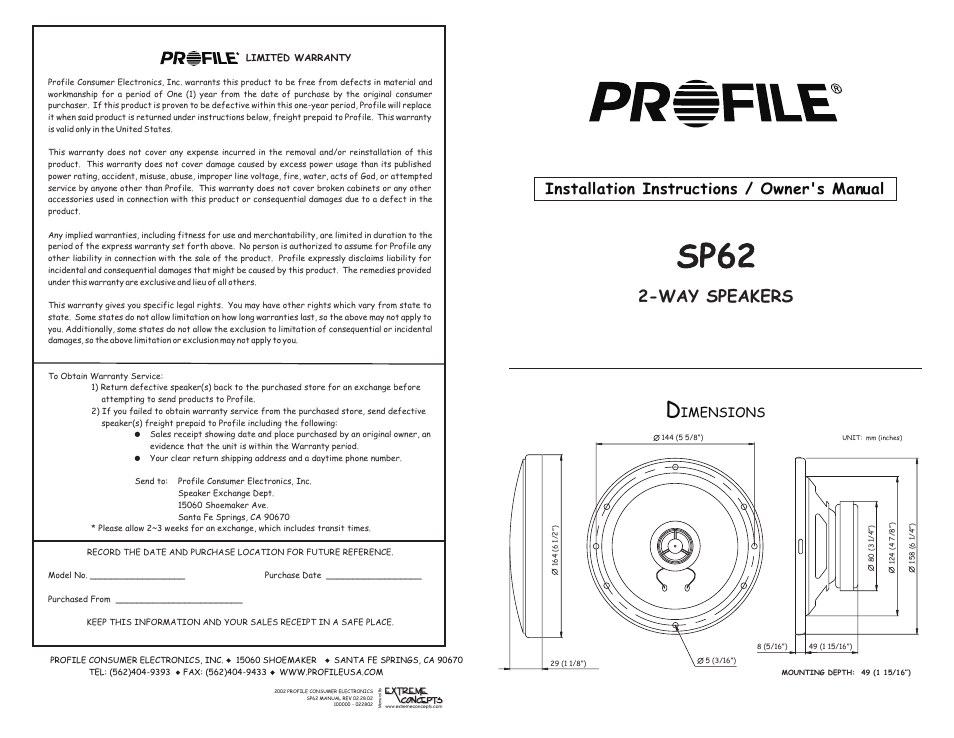 Profile SP62 User Manual | 2 pages