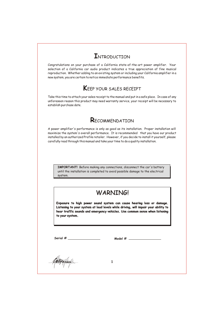 Вк 2, Warning | Profile California 400MSX User Manual | Page 2 / 16