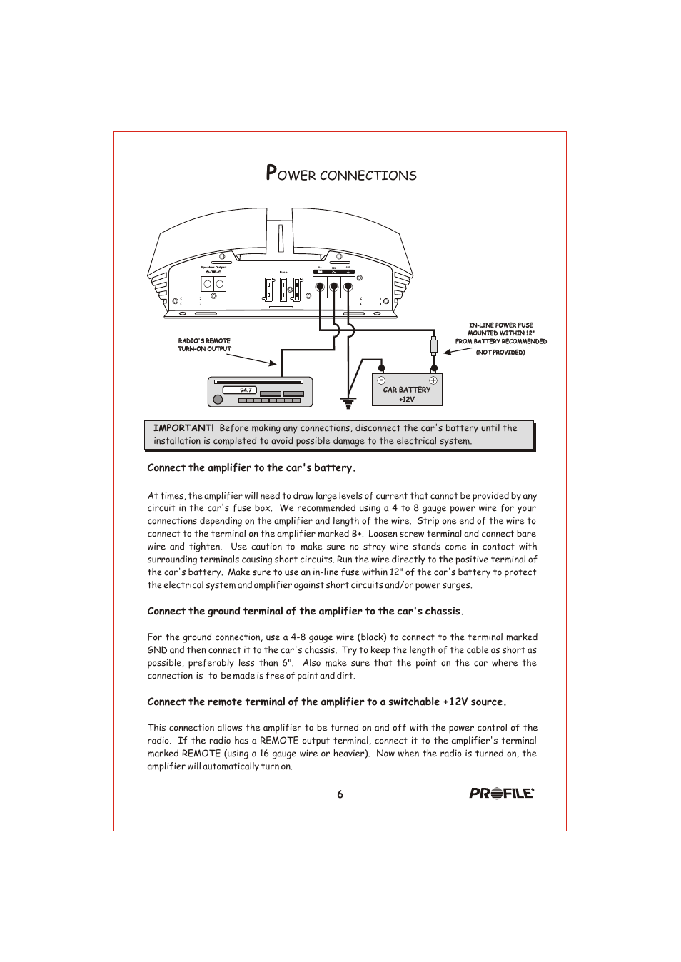 Вк 7, Ower connections, Connect the amplifier to the car's battery | Profile California 400MSX User Manual | Page 7 / 16